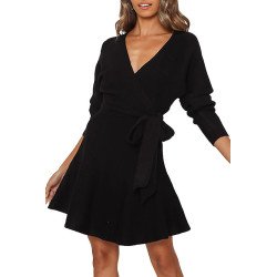 Women Wrap V Neck Long Sleeve Tie A Line Dress