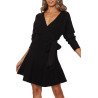 Women Wrap V Neck Long Sleeve Tie A Line Dress