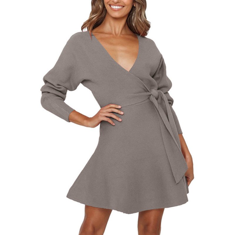 Women Wrap V Neck Long Sleeve Tie A Line Dress