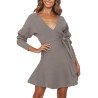 Women Wrap V Neck Long Sleeve Tie A Line Dress