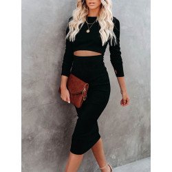 Women's Long Sleeve Crew Neck Rib Knit Bodycon Dress Cut out Waist Midi Dress