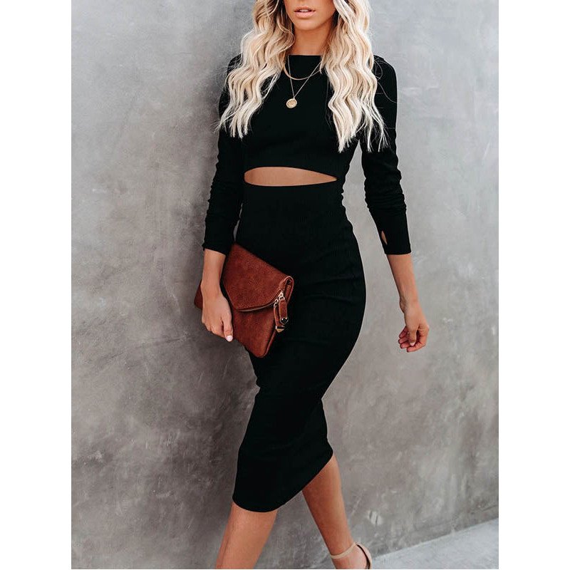 Women's Long Sleeve Crew Neck Rib Knit Bodycon Dress Cut out Waist Midi Dress