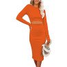 Women's Long Sleeve Crew Neck Rib Knit Bodycon Dress Cut out Waist Midi Dress