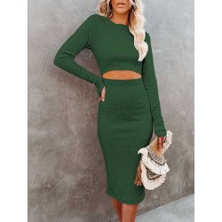 Women's Long Sleeve Crew Neck Rib Knit Bodycon Dress Cut out Waist Midi Dress