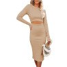 Women's Long Sleeve Crew Neck Rib Knit Bodycon Dress Cut out Waist Midi Dress