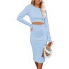 Women's Long Sleeve Crew Neck Rib Knit Bodycon Dress Cut out Waist Midi Dress