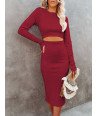 Women's Long Sleeve Crew Neck Rib Knit Bodycon Dress Cut out Waist Midi Dress