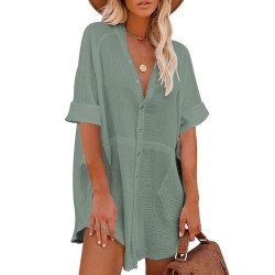 Women Oversize Casual Short Sleeve Button Down Blouse Short Dress with Pockets