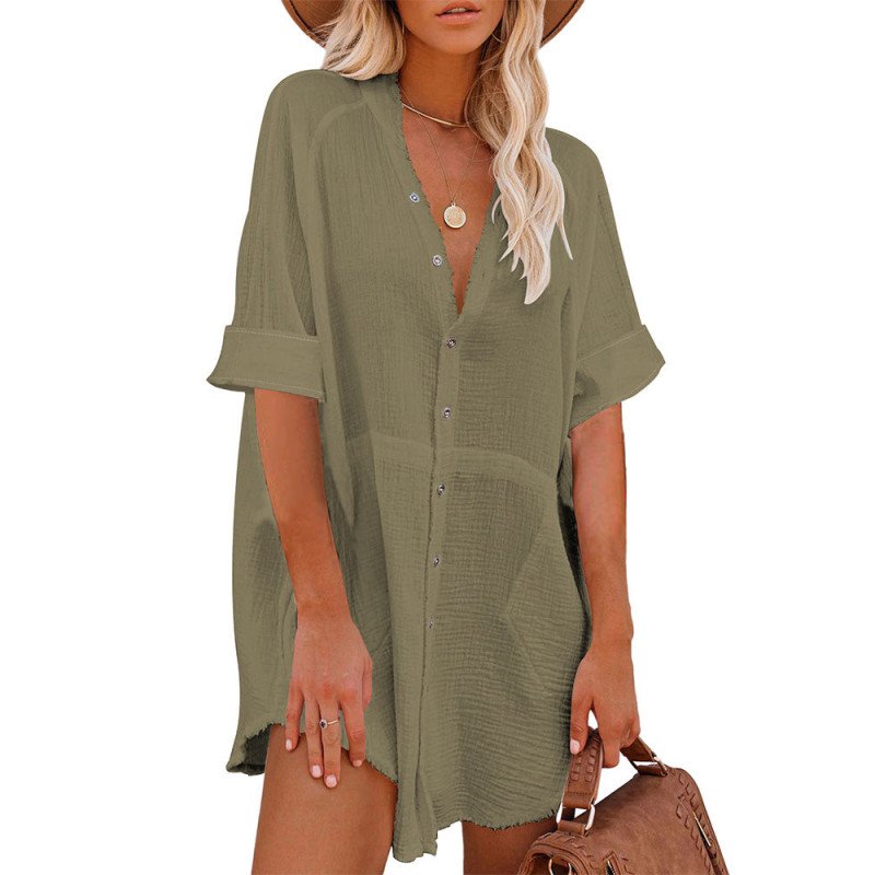Women Oversize Casual Short Sleeve Button Down Blouse Short Dress with Pockets