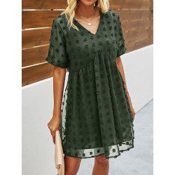 Women's Summer Swiss Dot V Neck Babydoll Dresses Short Sleeve Mini Dress