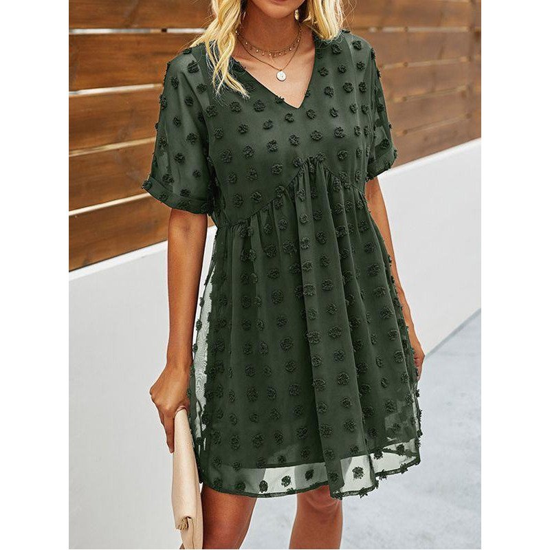 Women's Summer Swiss Dot V Neck Babydoll Dresses Short Sleeve Mini Dress