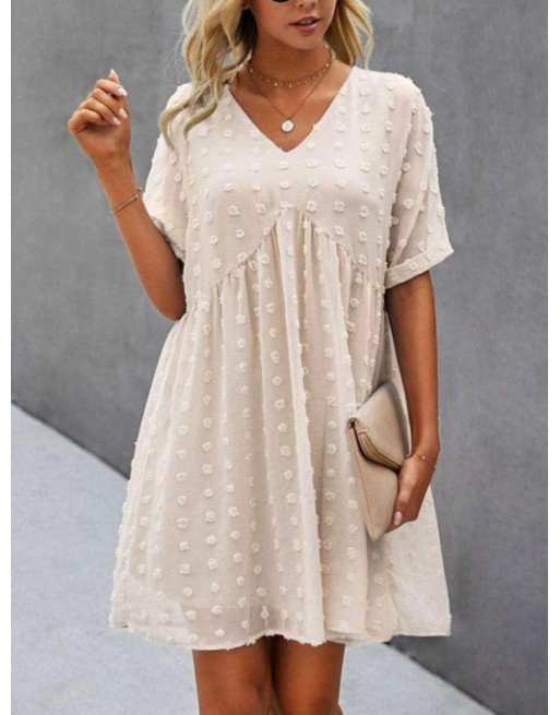 Women's Summer Swiss Dot V Neck Babydoll Dresses Short Sleeve Mini Dress