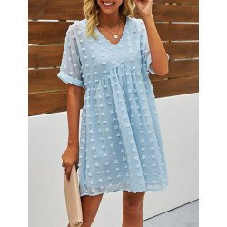 Women's Summer Swiss Dot V Neck Babydoll Dresses Short Sleeve Mini Dress