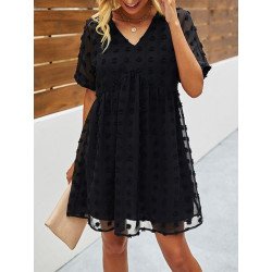 Women's Summer Swiss Dot V Neck Babydoll Dresses Short Sleeve Mini Dress