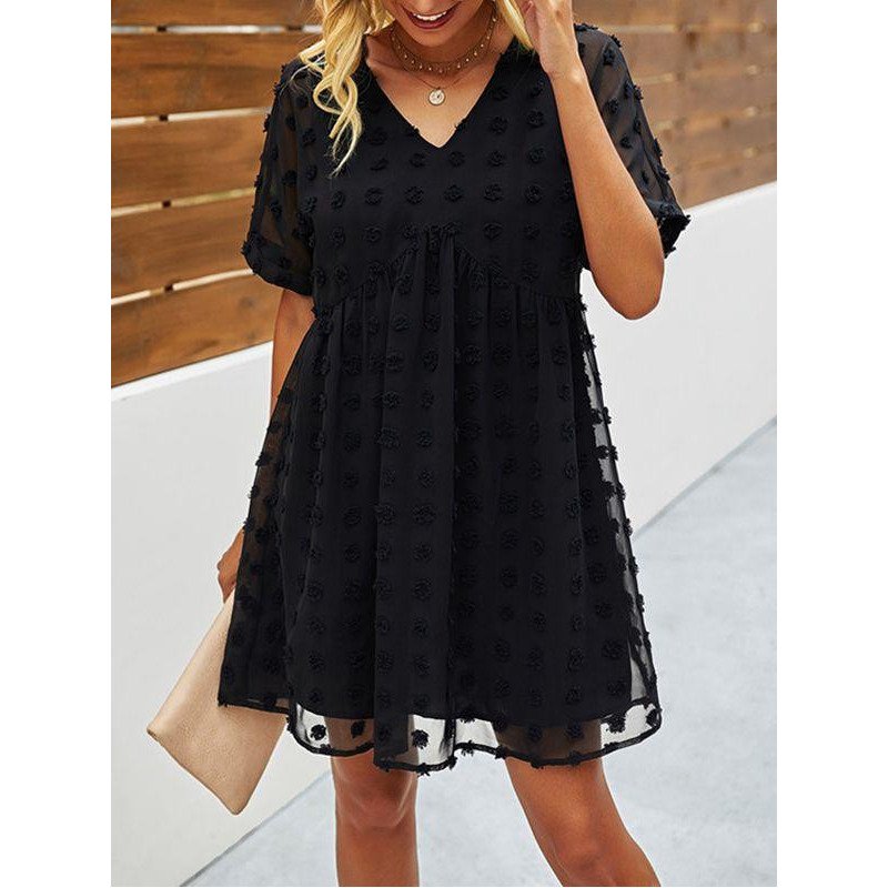 Women's Summer Swiss Dot V Neck Babydoll Dresses Short Sleeve Mini Dress