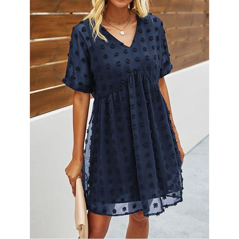 Women's Summer Swiss Dot V Neck Babydoll Dresses Short Sleeve Mini Dress