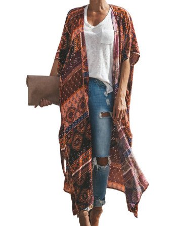 Women's Open Front Boho Kimono With Tie Brown