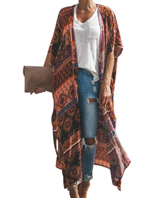 Women's Open Front Boho Kimono With Tie Brown