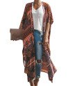 Women's Open Front Boho Kimono With Tie Brown