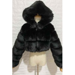 Womens Faux Fur Crop Jacket With Hood Black