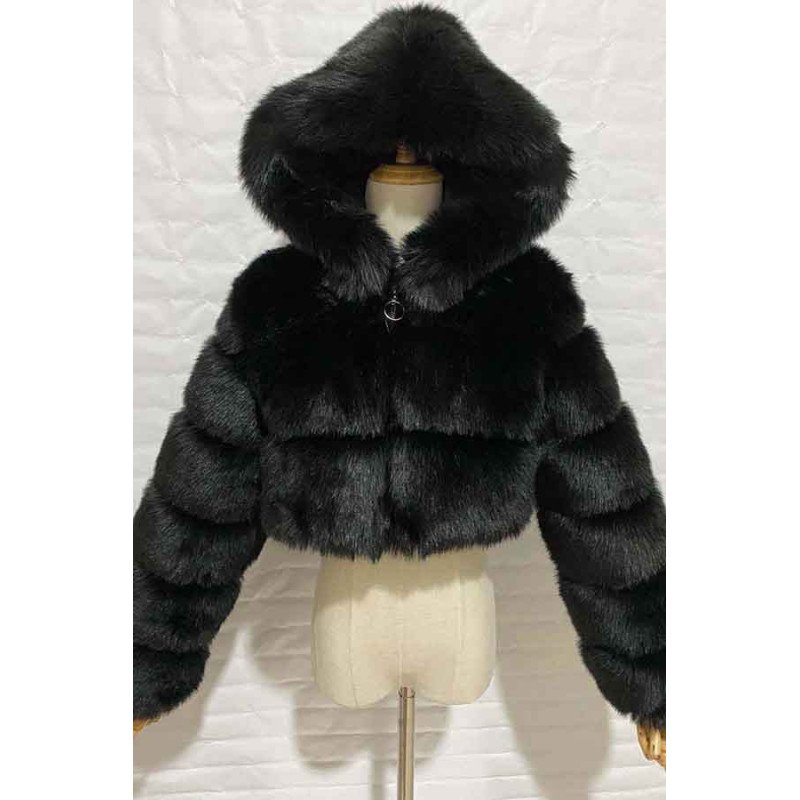 Womens Faux Fur Crop Jacket With Hood Black
