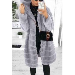 Faux Fur Fluffy Grey Coat With Fur Hood Gray