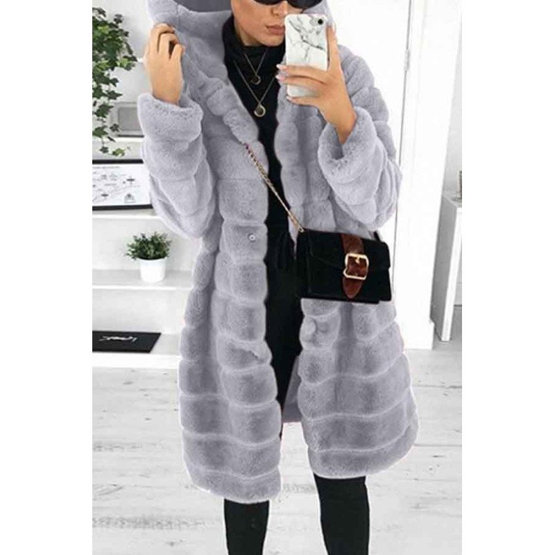 Faux Fur Fluffy Grey Coat With Fur Hood Gray