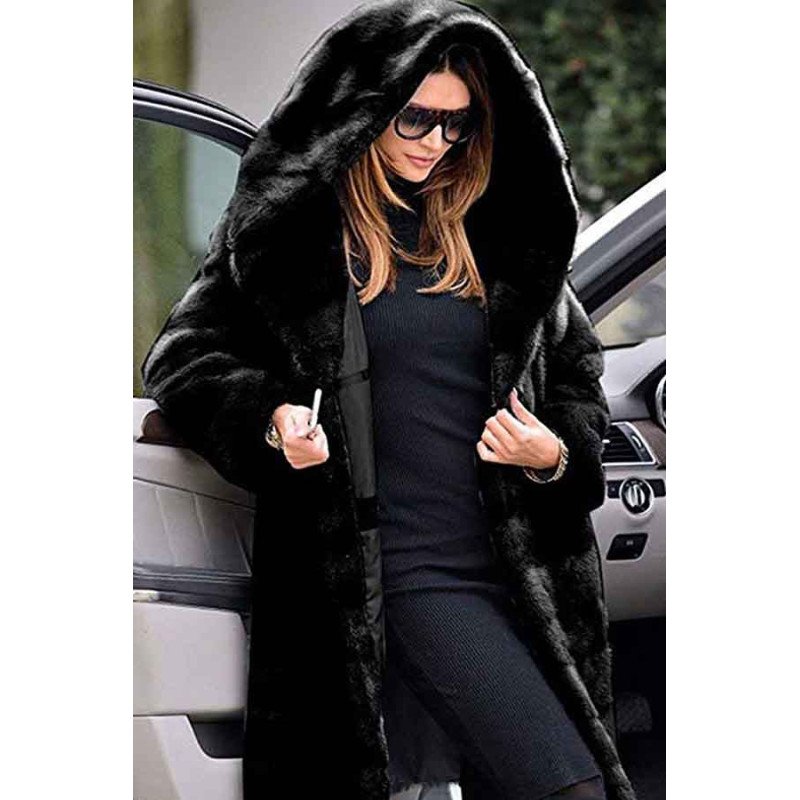 Furry Long Coat Faux Fur Hood Jacket Black
