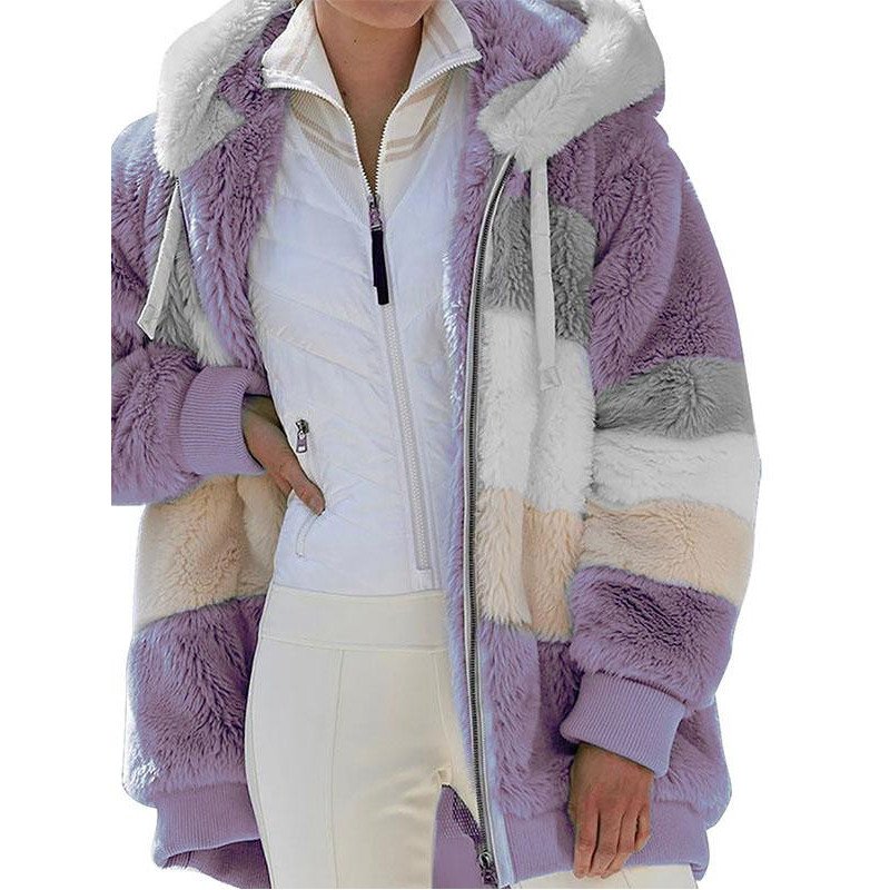 Plus Size Womens Colorblock Fluffy Jacket Coats