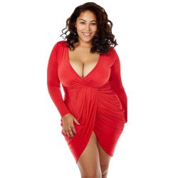 Sexy Deep V Neck Long Sleeve Plus Size Club Dress Red