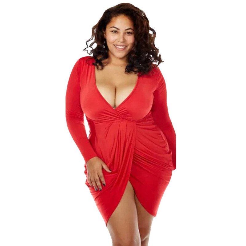 Sexy Deep V Neck Long Sleeve Plus Size Club Dress Red