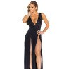 Sexy V Neck Slit Front Sleeveless Maxi Black Club Dresses