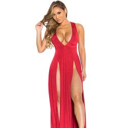 Sexy V Neck Slit Front Sleeveless Maxi Red Club Dresses
