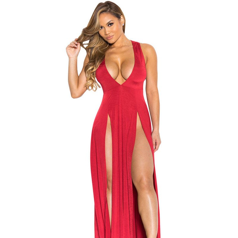 Sexy V Neck Slit Front Sleeveless Maxi Red Club Dresses