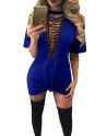Sexy Lace-Up V Neck Short Sleeve Shirts & Tops Blue Club Dresses
