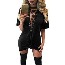 Sexy Lace-Up V Neck Short Sleeve Shirts + Tops Black Club Dresses