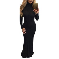 Womens High Neck Long Sleeve Plain Bodycon Maxi Dress Black