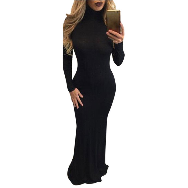 Womens High Neck Long Sleeve Plain Bodycon Maxi Dress Black