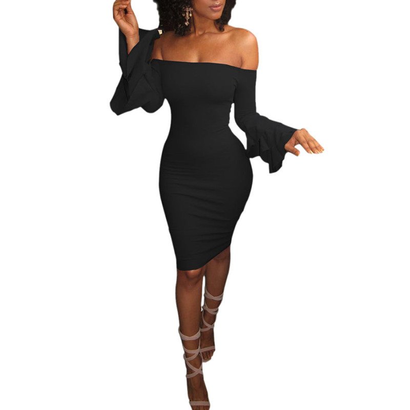 Sexy Bell Sleeve Off Shoulder Bodycon Club Dress Black