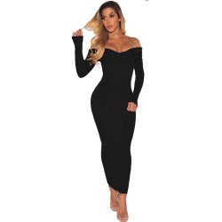Off Shoulder Long Sleeve Textured Bodycon Maxi Sweater Dress Black
