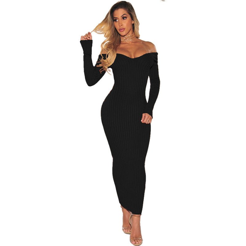 Off Shoulder Long Sleeve Textured Bodycon Maxi Sweater Dress Black
