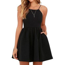 Sleeveless Backless With Pocket Plain Mini Skater Straps Dress Black