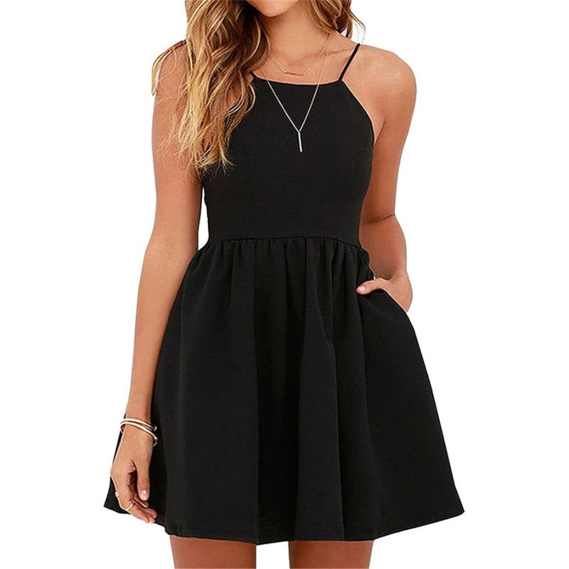 Sleeveless Backless With Pocket Plain Mini Skater Straps Dress Black