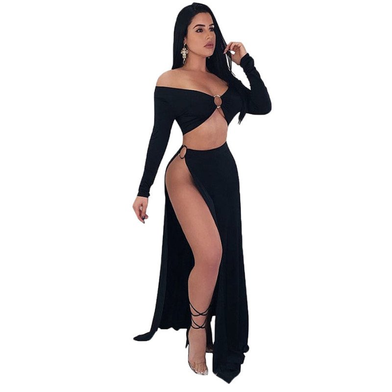 Off Shoulder Long Sleeve Crop Top High Waist Split Club Dress Black