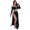 Off Shoulder Long Sleeve Crop Top High Waist Split Club Dress Black