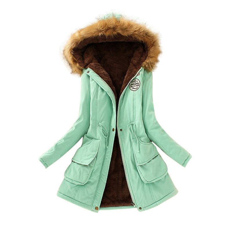 Womens Faux Fur Hooded Drawstring Thick Lined Parka Coat Green