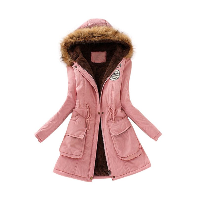 Womens Faux Fur Hooded Drawstring Thick Lined Parka Coat Pink