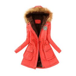 Womens Faux Fur Hooded Drawstring Thick Lined Coat Watermelon Red