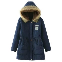 Womens Faux Fur Hooded Drawstring Thick Lined Parka Coat Navy Blue