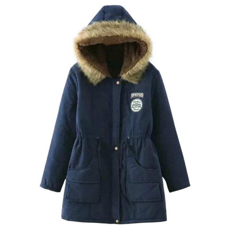 Womens Faux Fur Hooded Drawstring Thick Lined Parka Coat Navy Blue